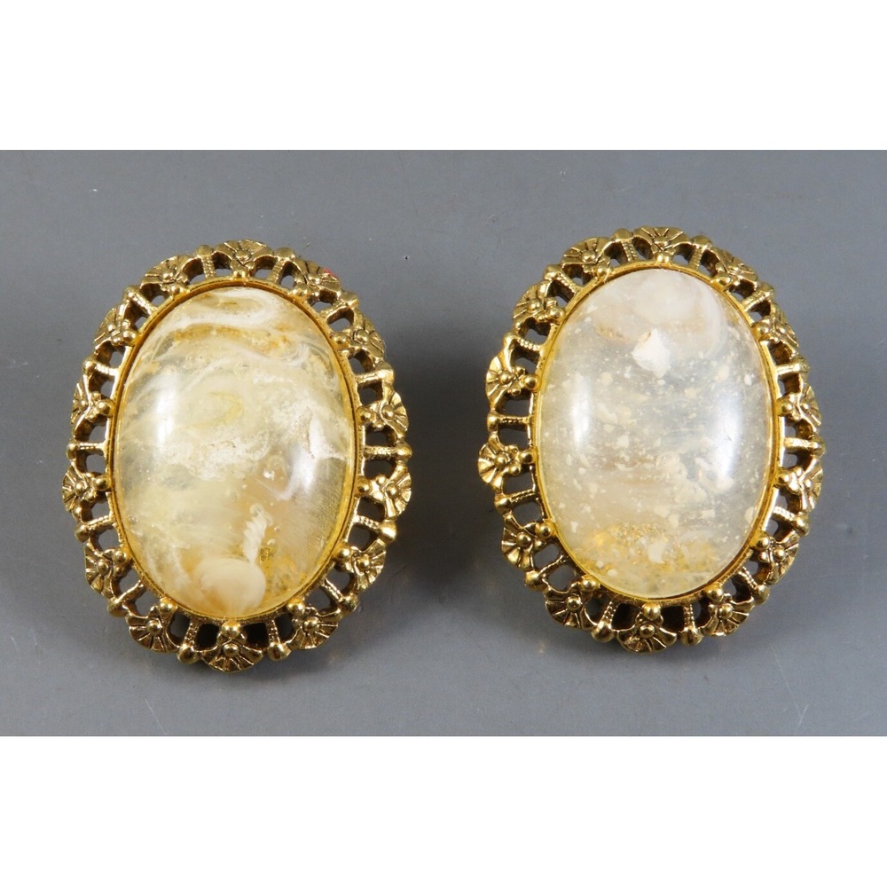 Vintage 1928 OVAL CLIP-ON EARRINGS Gold Tone MARBLEIZED Cream/White Lucite Cab